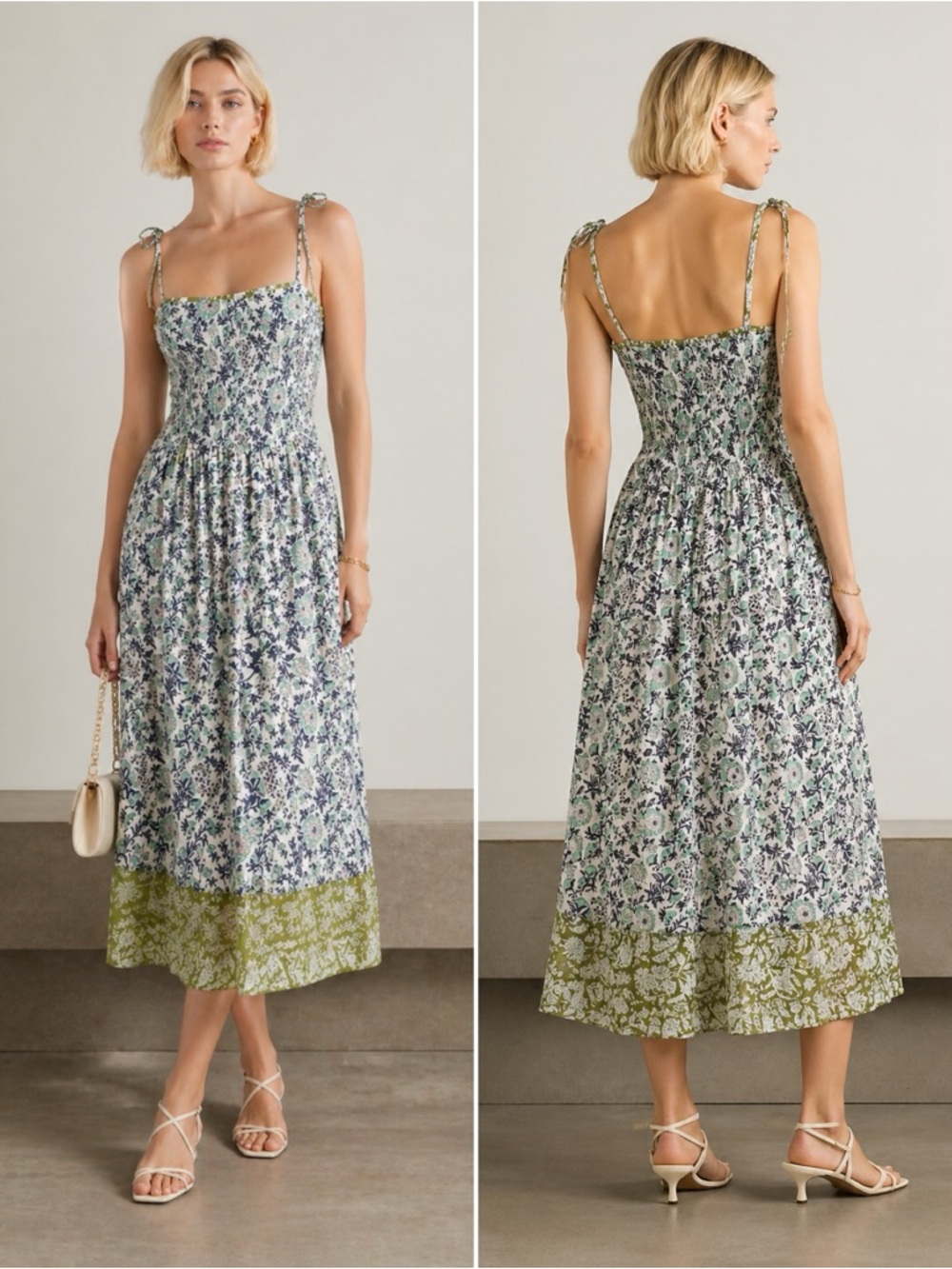Alix of Bohemia Luna Jardin Dress Floral Midi Smocked Cotton Tie Strap Boho M